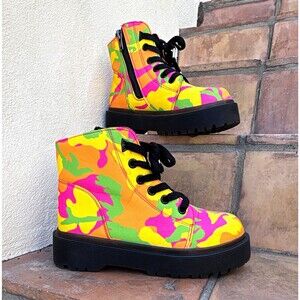 YRU Slayr Neon Camo combat boots  Canvas Lace-Up Side Zip US 8 KIDCORE SCENE